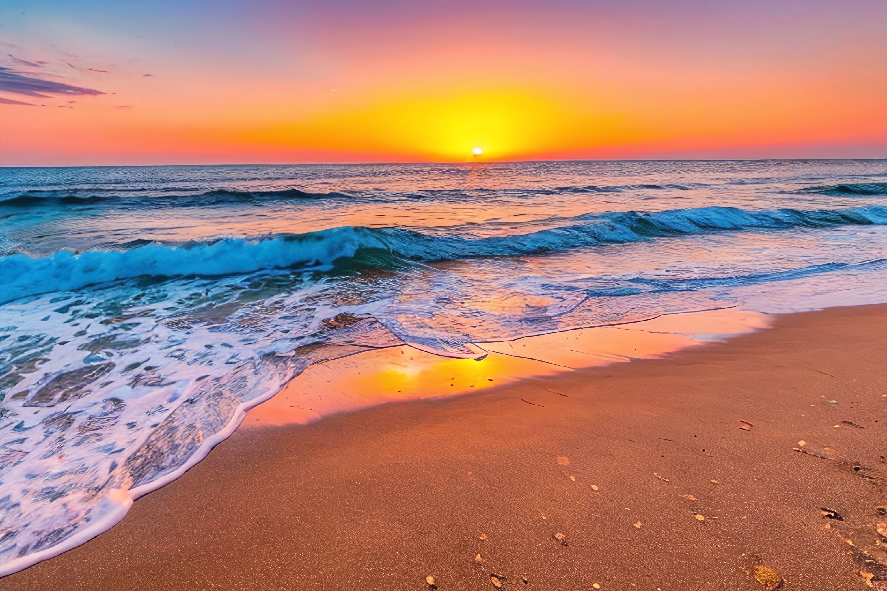 A beach at sunset with waves crashing on the shore.