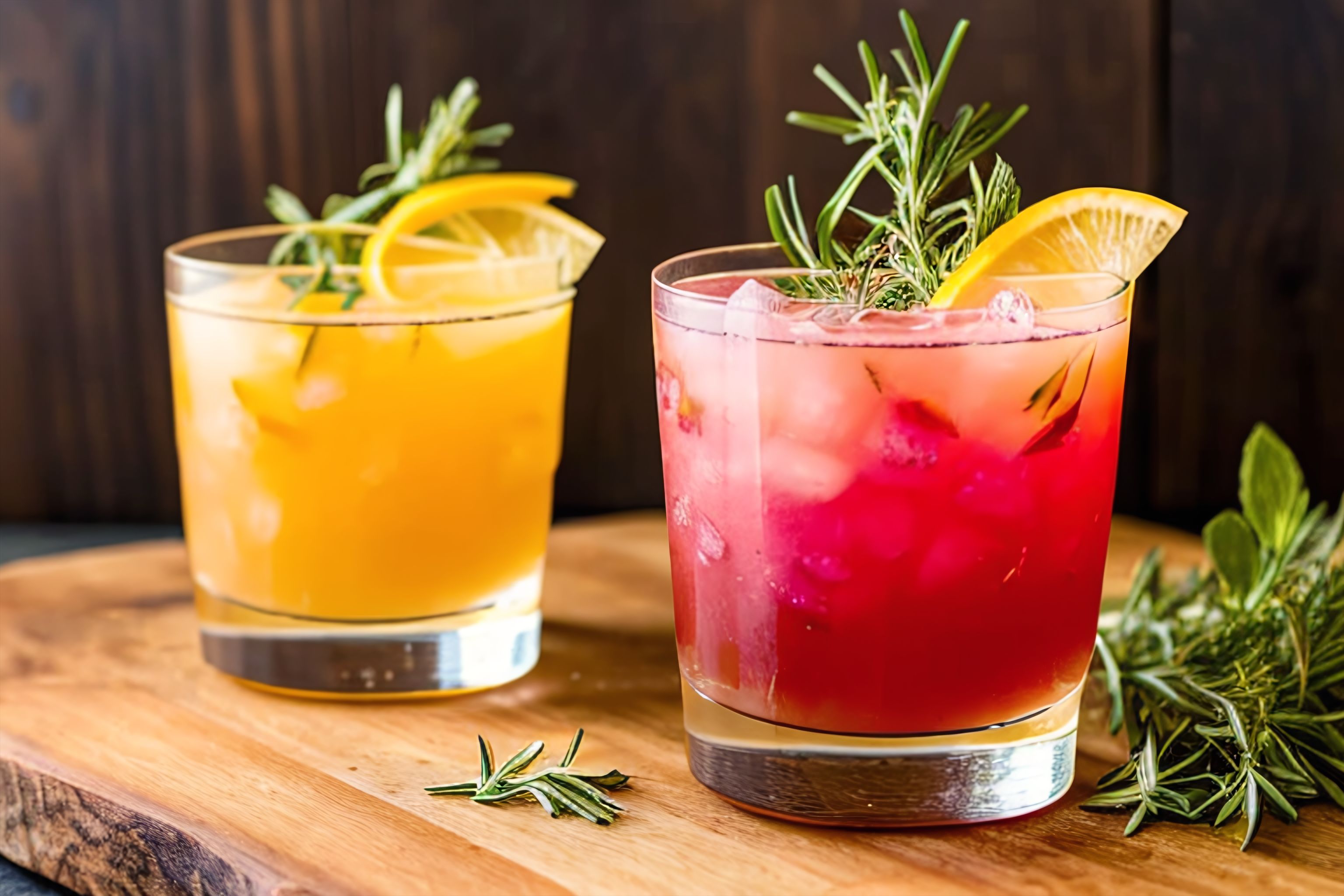 A close-up of a colorful cocktail with citrus and herbs.