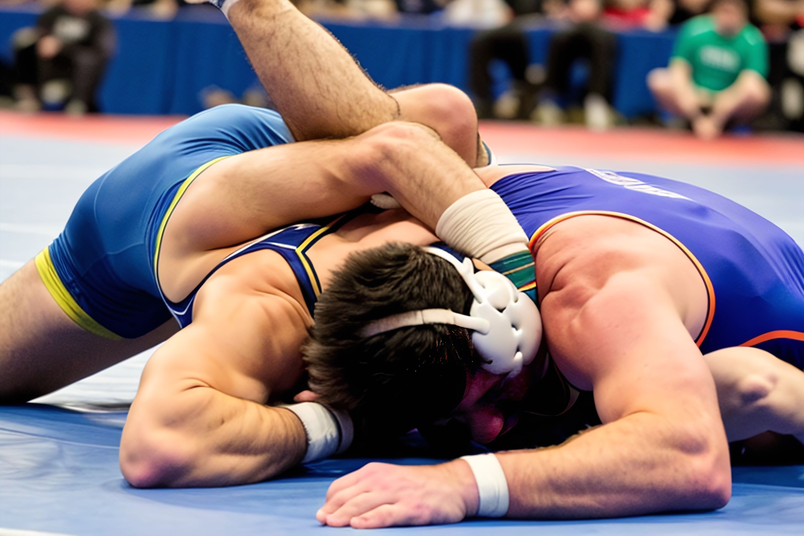 A close-up of a wrestling mat with two wrestlers engaged in a match.