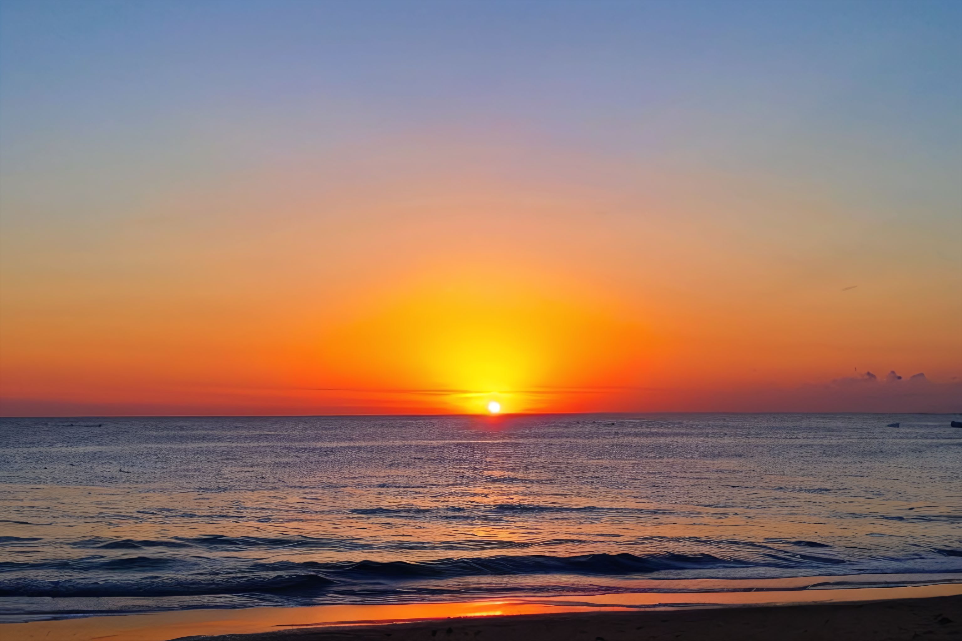 A beautiful sunset over the ocean with silhouettes of palm trees in the foreground