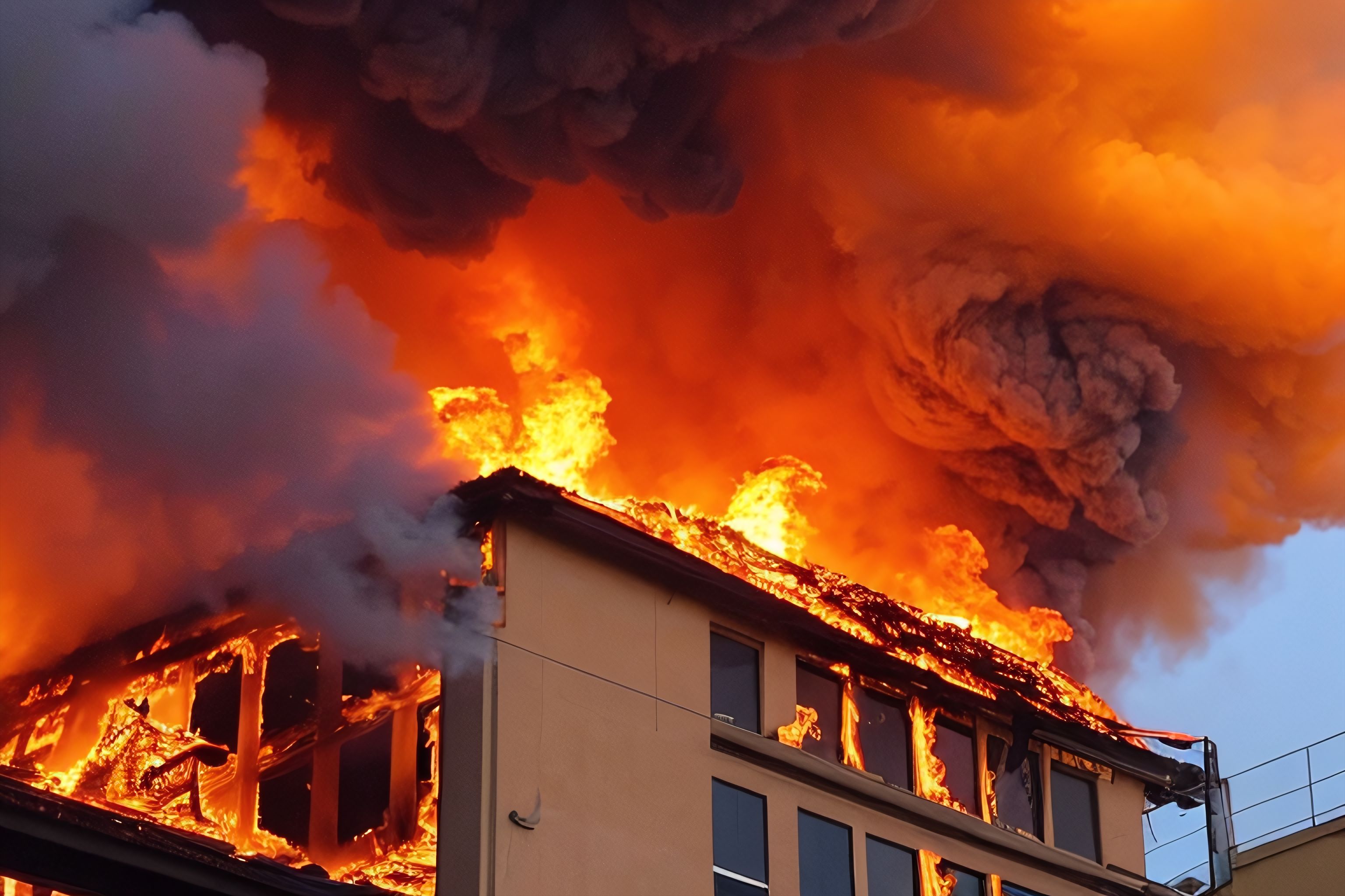 A raging inferno weaves through the building, as bright orange flames lift off of the roof.