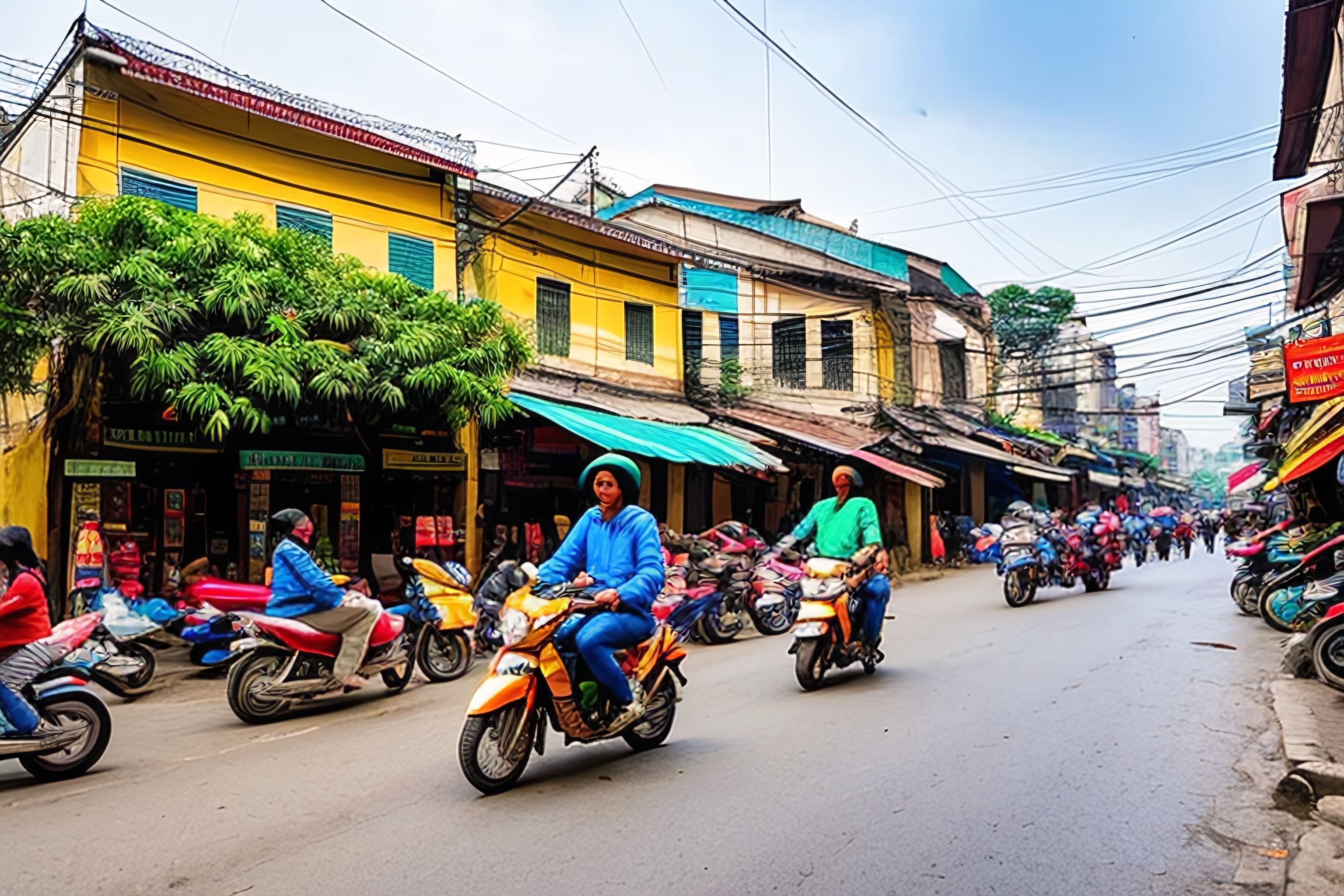 A street scene in Hanoi with motorbikes and colorful buildings.