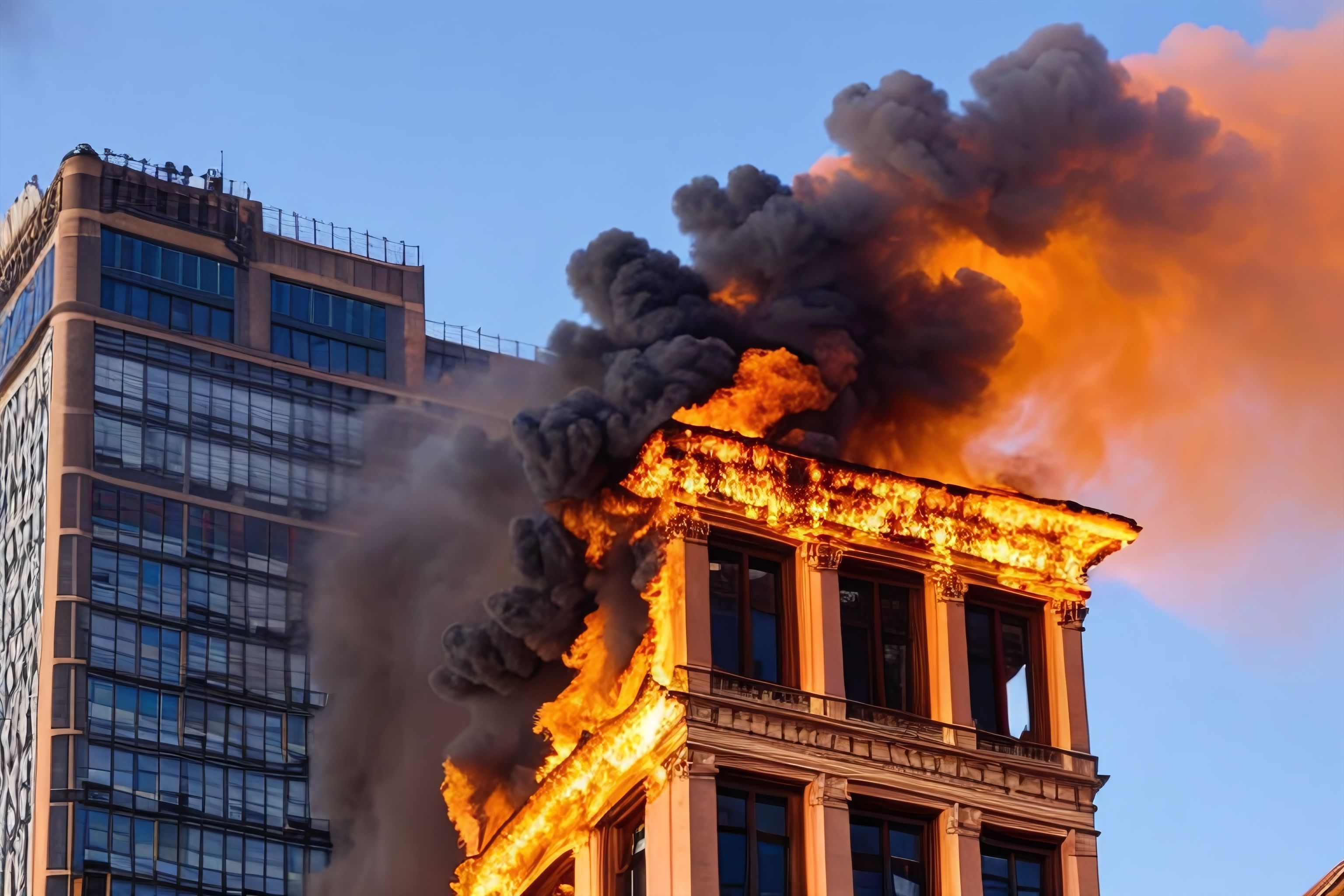 A fiery building with smoke billowing from the windows.