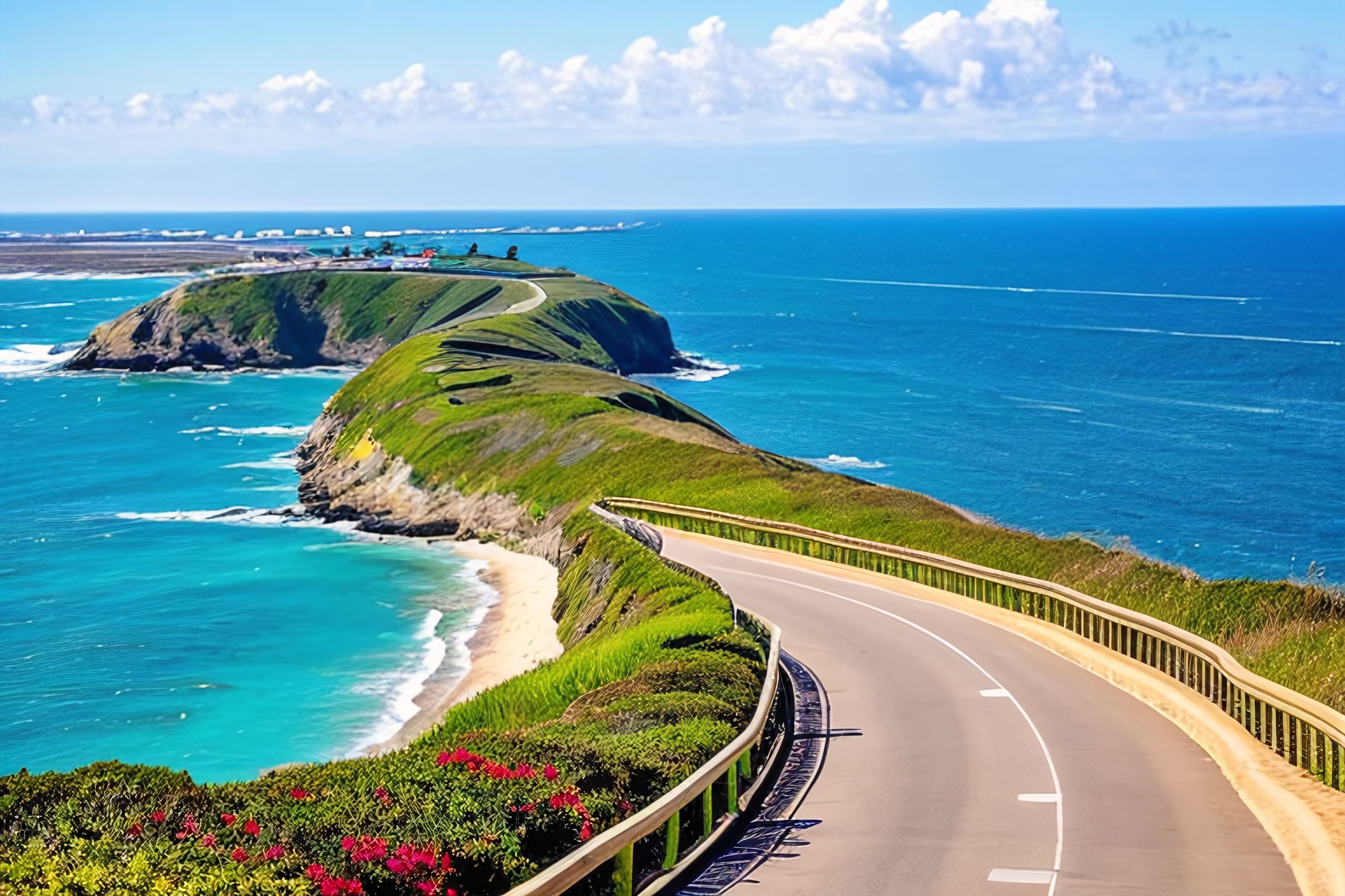 A beautiful coastal view with a bike path beside the ocean.