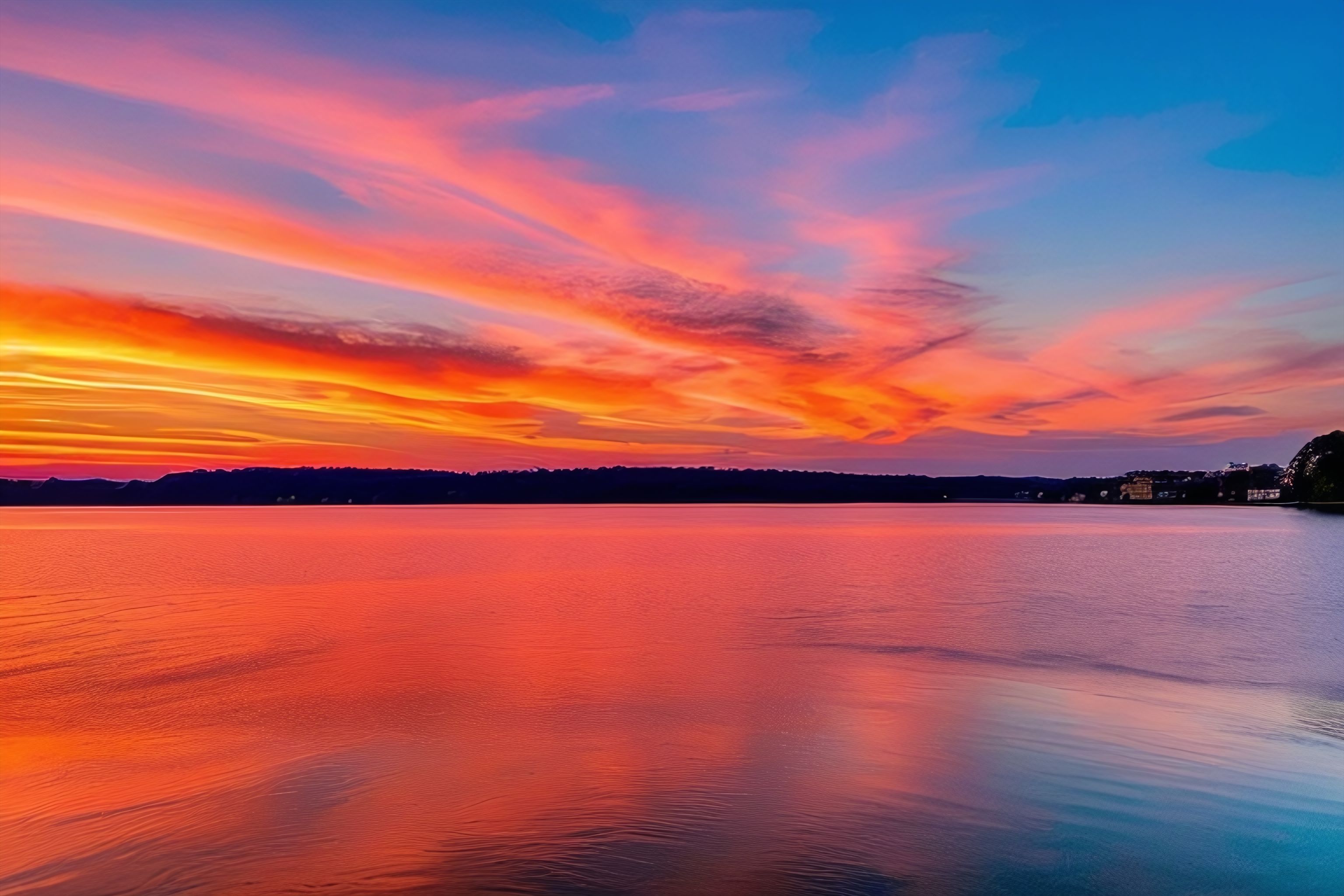 A stunning photo of a vibrant orange and pink sunset over a body of water.