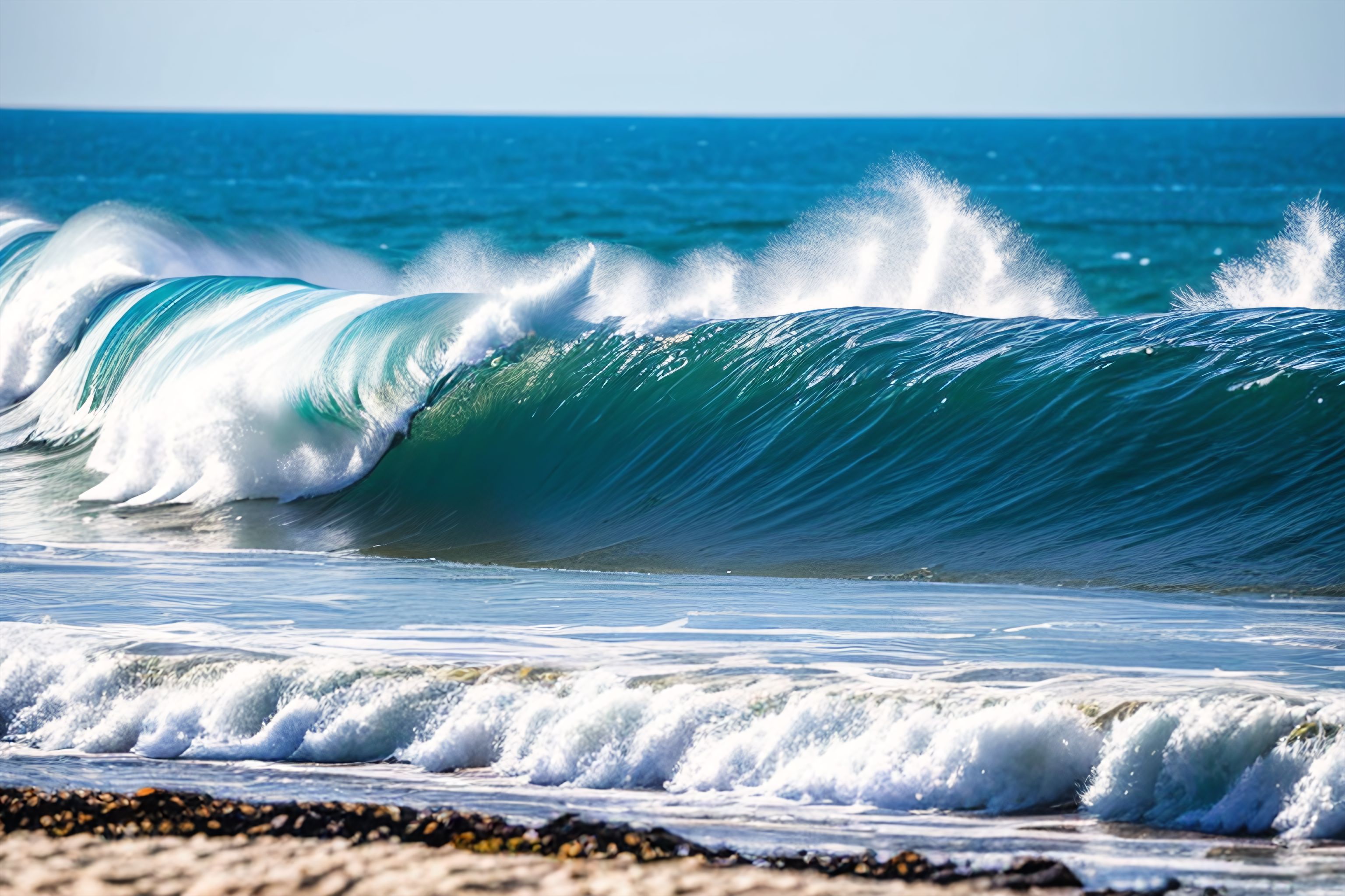 A close-up shot of a wave crashing against rocks on a beach.