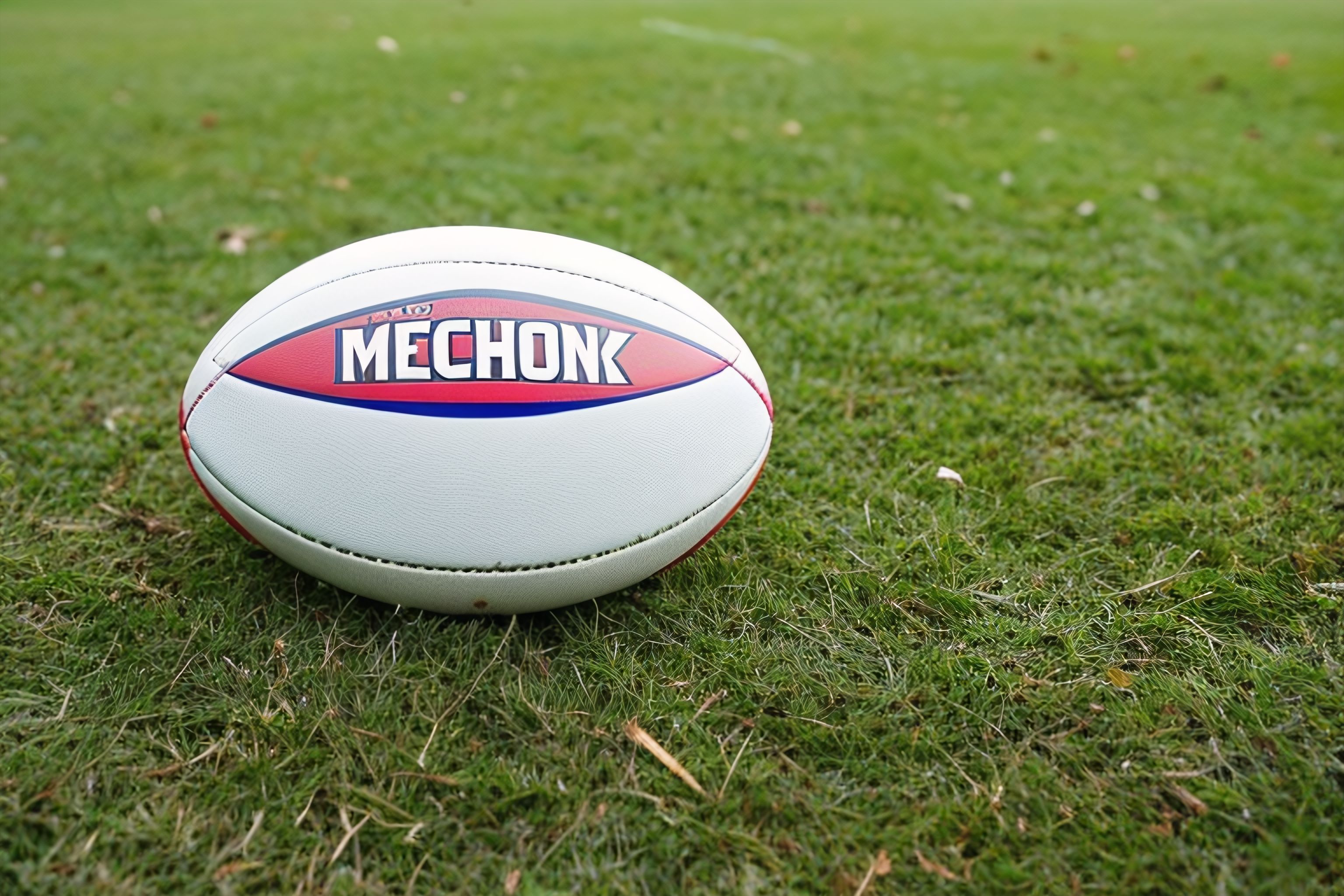 A rugby ball sitting on the grass.