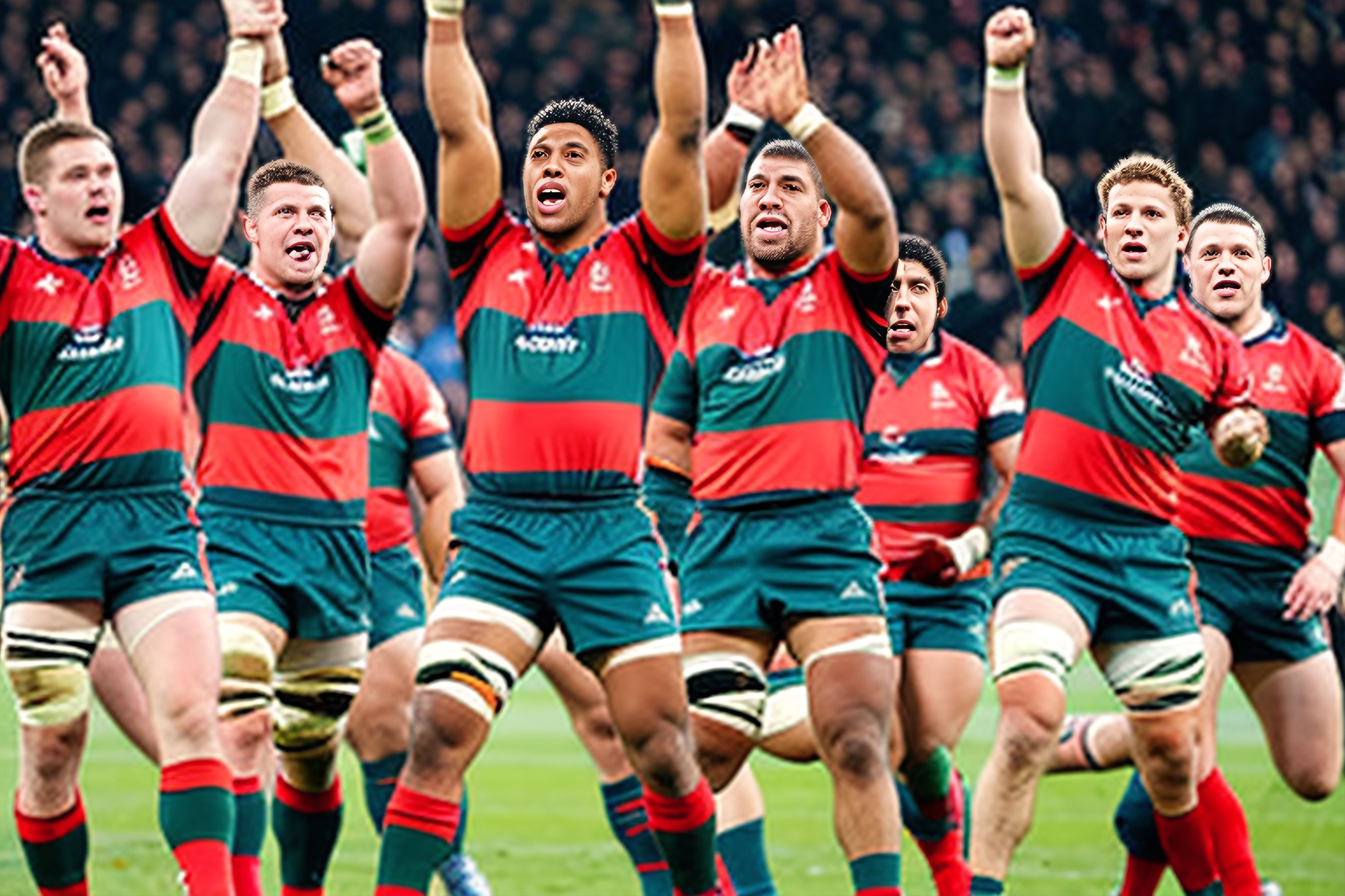 A photo of rugby players with arms raised in triumph.