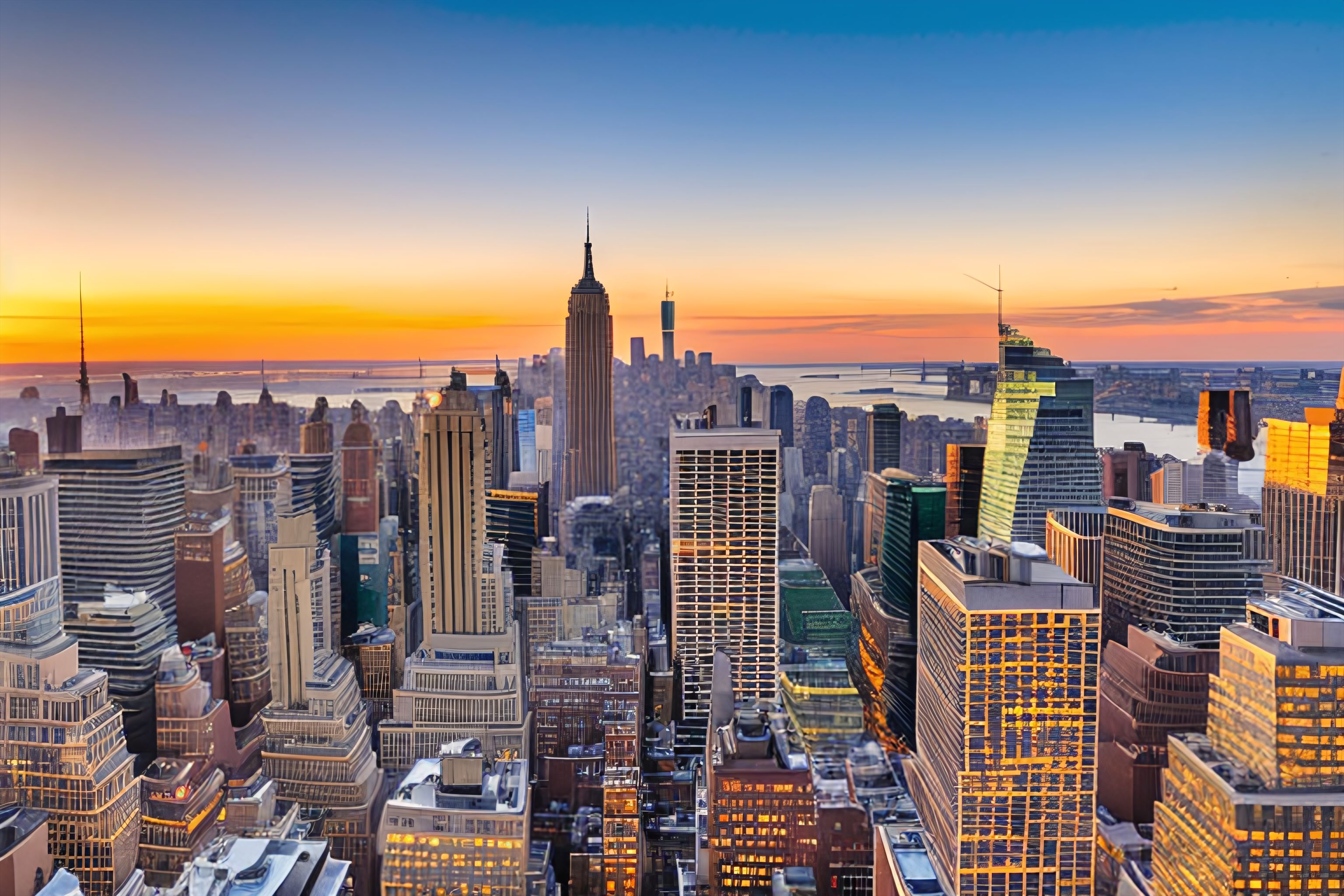 A view of the Manhattan skyline at sunset