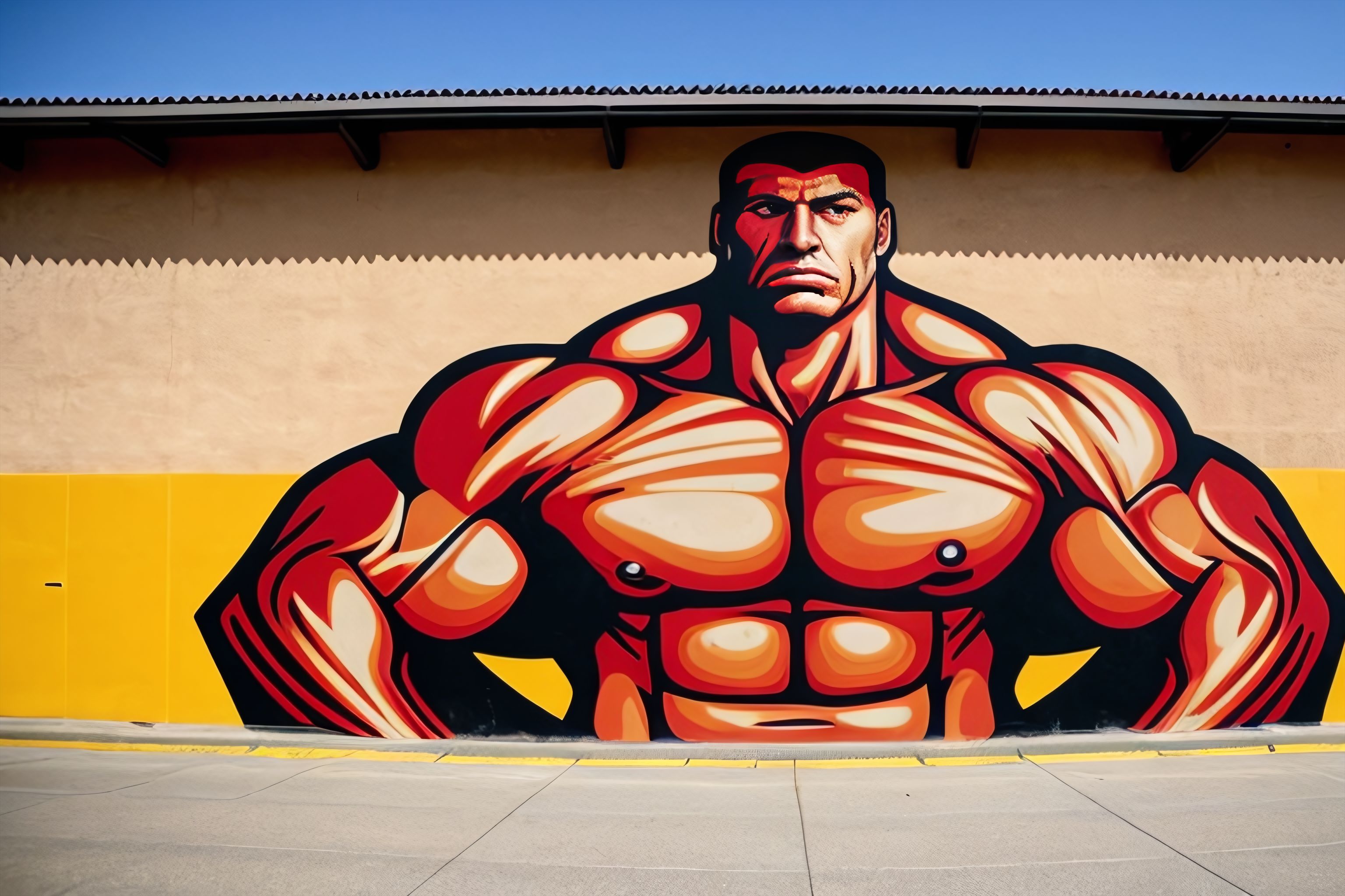 Street art depicting an imposing figure with bulging muscles.